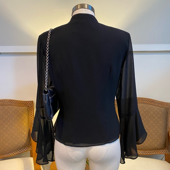 Vintage 1980s Elegant Gothic Black Beaded Women's Top Sheer Bell Sleeves, Size M - Picture 4 of 10